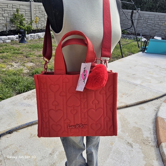 Betsey Johnson Black and Red Quilted Hearts Tote With Faux  Betsey Johnson Red Quilted Heart Tote